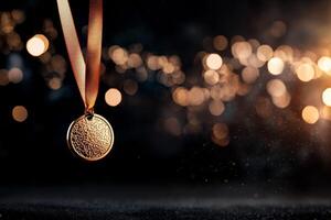 Gold Medal Hangs Suspended in Sparkling Light During a Competitive Sporting Event. photo
