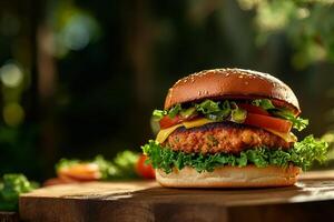 Crispy Chicken Burger With Cheese and Fresh Vegetables Displayed Outdoors During Sunset. photo
