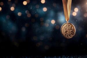 Gold Medal Hanging in Spotlight With Confetti Raining Down on Achievement Celebration. photo