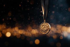 Gold Medal Hangs Suspended in Sparkling Light During a Competitive Sporting Event photo