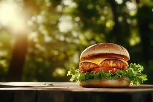 Crispy Chicken Burger With Cheese and Fresh Vegetables Displayed Outdoors During Sunset photo