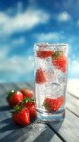 Refreshing Strawberry Sparkling Drink on a Wooden Table by the Water on a Sunny Day. photo