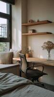 Cozy Workspace With Natural Light and Stylish Decor in a Minimalist Interior Setting photo