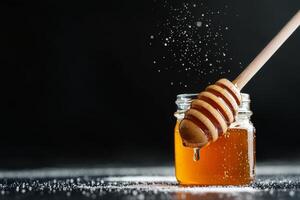 Honey Jar With Wooden Dipper and Sugar Falling, Capturing a Sweet Moment in a Kitchen Setting. photo