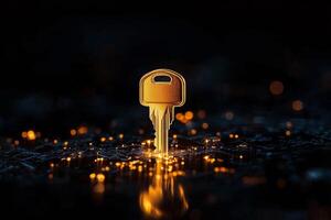 Golden Key Glowing on a Dark Surface With Scattered Light Particles at Night photo
