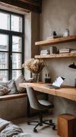 Stylish Home Workspace With Wooden Desk and Cozy Bedding in a Modern Interior Setting. photo