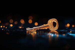 Glowing Key Resting on a Reflective Surface Creating a Mystical Atmosphere at Night. photo