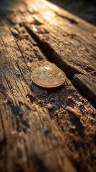 Bitcoin Coin Resting on Rustic Wooden Surface With Dramatic Light and Shadow Play. photo