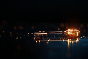 Glowing Key Resting on a Reflective Surface Creating a Mystical Atmosphere at Night photo