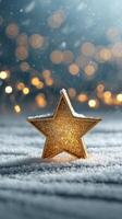 Illuminated Star Decoration Resting on Snowy Ground With Sparkling Bokeh in the Background. photo