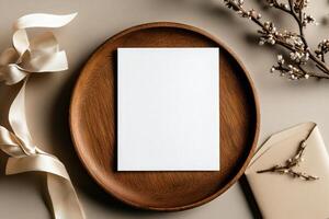 Elegant Flat Lay Featuring a Blank Card on a Wooden Plate With Decorative Elements and Ribbon photo