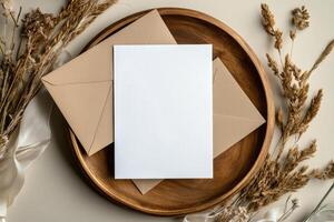 Elegant Flat Lay Featuring a Blank Card on a Wooden Plate With Decorative Elements and Ribbon. photo