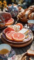Enjoying a Delightful Brunch With Grapefruit, Cheese, and Pastries in a Sunny Outdoor Setting photo