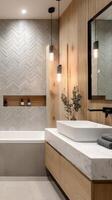 Modern Bathroom Design With Natural Elements and Elegant Fixtures in a Stylish Home photo