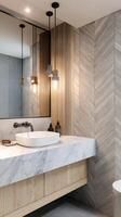 Modern Bathroom Design With Natural Elements and Elegant Fixtures in a Stylish Home. photo