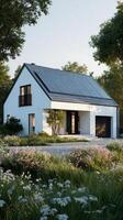 Modern House With Solar Panels and Landscaped Garden in Sunny Weather. photo