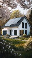 Modern White House Surrounded by Blooming Flowers in a Sunny Garden During Springtime photo