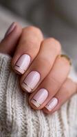 Elegant Nude Nails With Gold Accent Lines Showcased on a Cozy Sweater photo