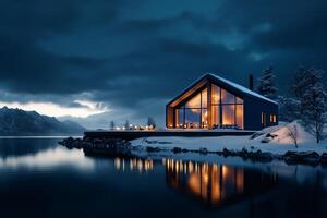 Cozy Modern Cabin Surrounded by Snow and Trees at Twilight Near a Calm Lake. photo