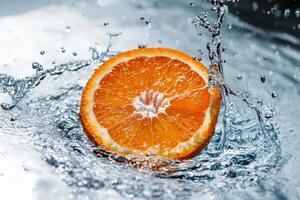 Splashes of Water Surround a Fresh Orange Slice in Vibrant Outdoor Setting photo