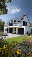Modern House With Solar Panels and Landscaped Garden in Sunny Weather photo