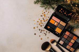 Makeup Palette and Brushes Arranged With Decorations in a Festive Atmosphere During the Holiday Season photo