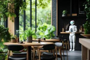 Dining Experience in a Modern Restaurant With Robotic Waiter Interacting in Natural Setting. photo