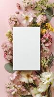 Floral Arrangement With a Blank Frame on a Pink Background for Design Inspiration. photo