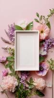 Floral Arrangement With a Blank Frame on a Pink Background for Design Inspiration photo