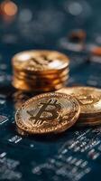 Cryptocurrency Coins Stacked on a Digital Circuit Board Background Showcasing Modern Finance Technology photo