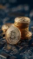 Cryptocurrency Coins Stacked on a Digital Circuit Board Background Showcasing Modern Finance Technology. photo