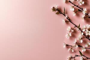 Blooming Cherry Blossom Branch on Soft Pink Background for Spring Decoration and Inspiration photo