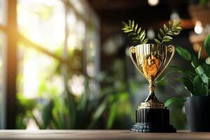 Golden Trophy Shines in a Modern Office During Sunset, Celebrating Success and Achievements. photo