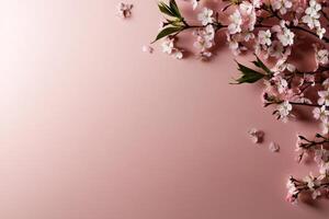 Blooming Cherry Blossom Branch on Soft Pink Background for Spring Decoration and Inspiration. photo