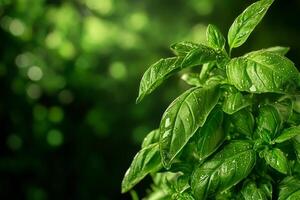 Fresh Basil Leaves Glistening With Water Droplets in a Lush Green Garden photo