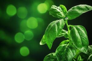 Fresh Basil Leaves Glistening in Sunlit Kitchen Environment for Culinary Use. photo