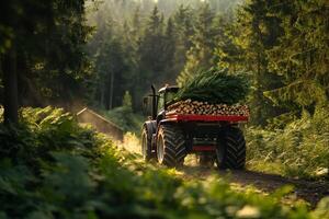 Tractor Transporting Logs Through a Forest During Golden Hour in Autumn photo