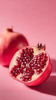 Vibrant Pomegranate Halved Revealing Juicy Seeds Against a Soft Pink Background. photo