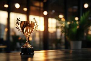Golden Trophy With Laurel Leaves Displayed on Wooden Table During Sunset in Modern Interior Space photo