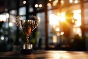 Golden Trophy With Laurel Leaves Displayed on Wooden Table During Sunset in Modern Interior Space. photo