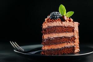 Chocolate Cake Slice Suspended in Air With Chocolate Pieces Around. photo
