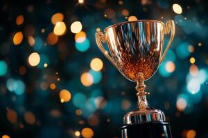 Shiny Trophy Displayed Against Sparkling Background During Award Celebration Event photo