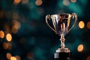 Trophy Shining Against a Blurred Background of Colorful Lights at a Celebratory Event. photo