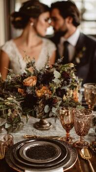 Beautifully Arranged Table Setting With Autumn Flowers and Elegant Dinnerware. photo