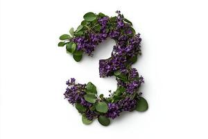 Purple Flowers Shaped as the Number Three on a White Background for Decorative Purpose. photo