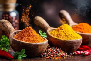 Colorful Spices Arranged in Wooden Bowls on a Dark Background for Culinary Inspiration photo