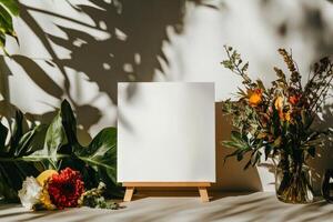Flower Arrangement and Blank Canvas on Display in Bright Light Setting With Shadows photo