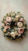 Decorative Floral Wreath With Peonies and Greenery for Wall Decor in a Sunny Indoor Setting. photo