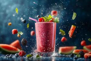 Refreshing Berry Smoothie With Watermelon and Mint Garnished on a Blue Background. photo