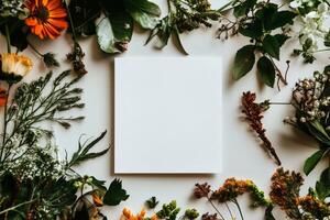 Bright Floral Arrangement With Empty Canvas in Vibrant Colors on a Light Background. photo